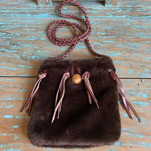 Faux Fur Crossbody Bag Braided Leather Look Strap Knotted Fringe Wooden Button