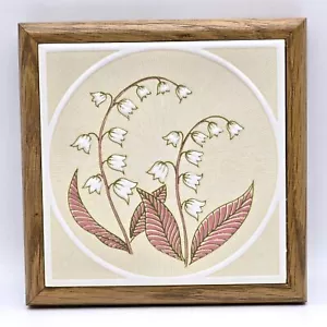VTG Ceramic Tile Oak Framed Italian Trivet Lily of the Valley Art Décor 1970s 7" - Picture 1 of 9