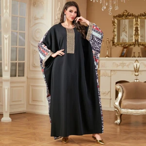 Maxi Vestido Largo Musulmán Mujeres Bata Manga Ala de Murciélago Estampado Marroquí Noche Fiesta - Imagen 1 de 11