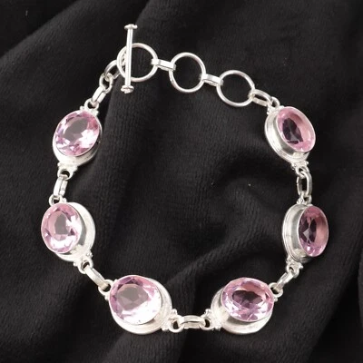 Pulsera de joyería hecha a mano de plata de ley 925 con piedras preciosas de morganita regalo por amor Foto 1 de 3