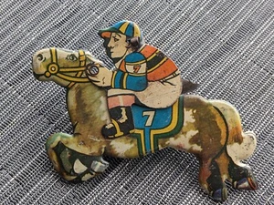 Vintage Tin Clicker Toy Litho Mechanical Animated Horse Jockey Works Smoothly - Picture 1 of 2