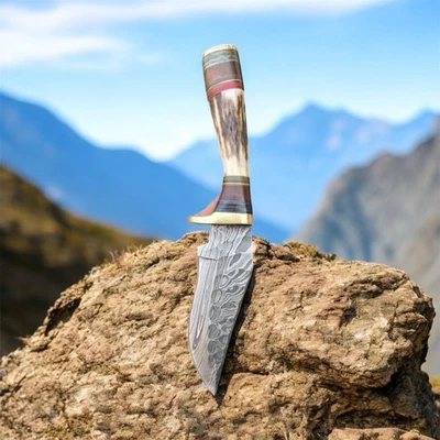 handmade Damascus Fix Blade Knife Best Stag Antler Handle Collectible - Image 1 of 2