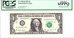 2003 $1 FRN PCGS Gem New 65PPQ Fancy TRUE 0/1 BINARY Serial #B10000110F - Picture 1 of 2