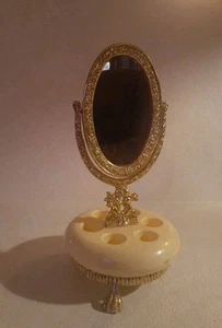 Vintage verzierter neigbarer ovaler Tischspiegel Kosmetikspiegel Lippenstiftständer 6 Fächer - Bild 1 von 4