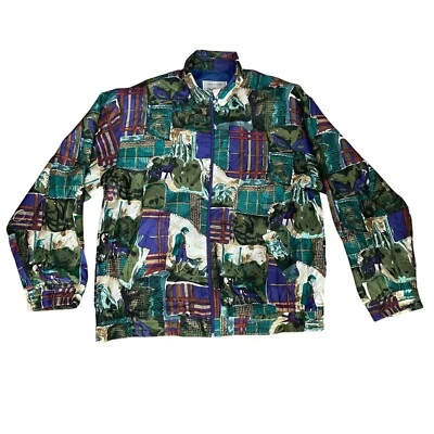 Chaqueta de seda vintage Oleg Cassini Team Effort XL ecuestre púrpura verde colorida Foto 1 de 4