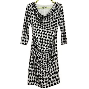 muse Women Black White Houndstooth Drape Neck Elastic Ruched Bodycon Dress Sz-4 - Picture 1 of 7