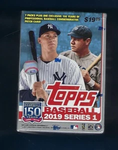 Topps Series 1 Baseball Blaster Box 2019 nuevo sellado de fábrica 7 paquetes + tarjeta de parche - Imagen 1 de 4
