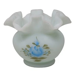 Fenton Ruffled Blue Satin Glass Bowl Hand Painted Signed K.Boley Vintage #LR - Picture 1 of 9