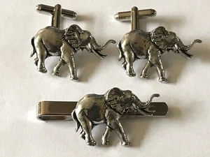 Elephant  Pair of Cufflinks And Tie Slide Made From English Pewter A20 - Picture 1 of 1