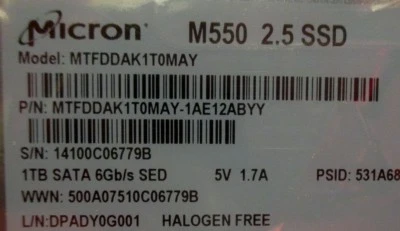 MICRON SSD SOLID STATE DRIVE MTFDDAK1T0MAY-1AE12ABYY M550 1TB 2.5 Inch SATA NAND - Image 1 of 3