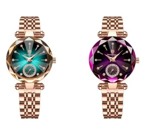 POEDAGAR Watch Lady Luxury Waterproof Quartz Watch Rose Gold Strap Purple Green - Picture 1 of 13
