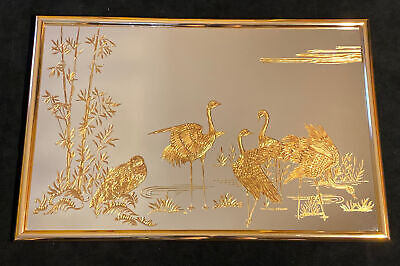 Vintage Asian Style Hollywood Regency Wall Mirror Etched Gold Crane Birds 35.5  • 321.85$
