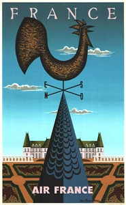 France - Air France ORIGINAL französisches Reiseplakat von 1956 Gallischer Hahn - Picture 1 of 1