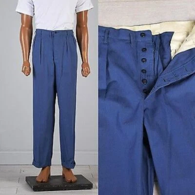 35x30 Deadstock 1940s 40s Hercules Button Fly Workwear Pants Blue Sanforized - Image 1 of 4