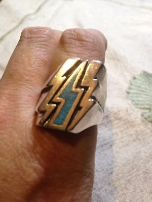 1980's Vintage Silver Southwestern Turquoise Inlay Lightning Bolt Ring - Image 1 of 4