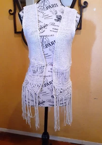 Ivory Fringed Crochet Vest Coverup Size Small LA Hearts - Biker Boho Hippie - Picture 1 of 11