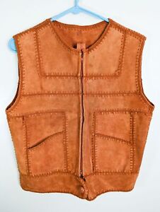 Leather Cognac Brown Patch Full Zip Sleeve Vest Womens Large