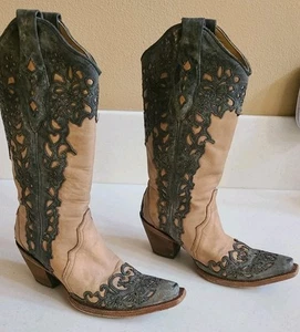 CORRAL VINTAGE WESTERN BOOTS SIZE 6.5 BLUE GRAY ON TAN LEATHER 15" Total Euc - Picture 1 of 13