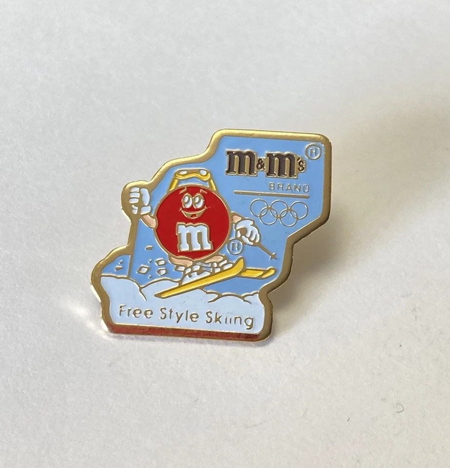 Vintage M&M Brand Albertville Olympic Games Freestyle Skiing Enamel Pin Red Skii - Image 1 of 4