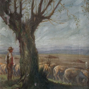 Schäfer mit Herde Pastorale Szene unleserlich sign gerahmt Öl auf Leinwand 20 Jh - Picture 1 of 5