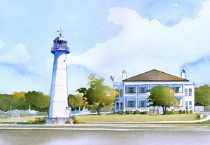 Biloxi Lighthouse & Visitor Center, MS Gulf Coast. James Mann Art Notecards - Picture 1 of 2