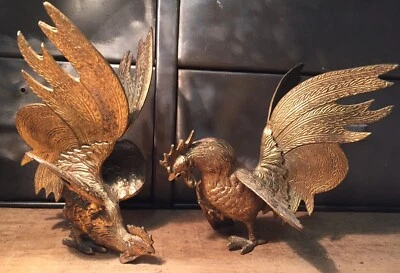 Paire De Coqs De Combat Laiton Massif H 20 Cm - Photo 1/4