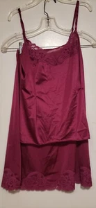 70s Vanity Fair Lace 2 Pc Camisole & Slip Set Burgundy Nylon Sz 32 USA vintage - Picture 1 of 9