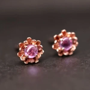 Peony Flower Stud Earrings with Pink Sapphire 14K Rose Gold - Picture 1 of 12