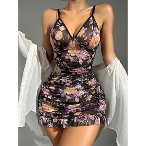 Women Lingerie Chemise Nightgown Floral Print Sexy Ruffle Babydoll Nighty Dress - Picture 1 of 18