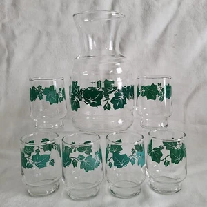 7 Pc Set Federal Glass Green Ivy Juice Carafe/Decanter & 6 Glasses Vintage MCM - Picture 1 of 20