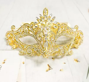 14K Gold Masquerade Mask, Wedding Party Mask, Crystal Eye Mask, Venetian Mask - Picture 1 of 7