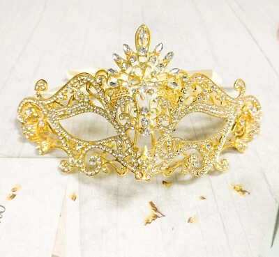 14K Gold Masquerade Mask, Wedding Party Mask, Crystal Eye Mask, Venetian Mask - Image 1 of 4