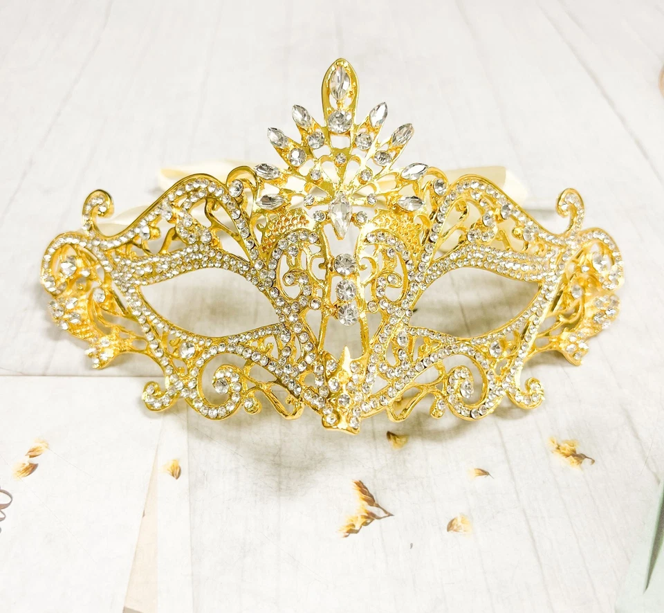 14K Gold Masquerade Mask, Wedding Party Mask, Crystal Eye Mask, Venetian Mask - Image 1 of 4