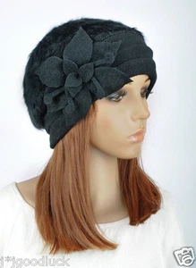 Piel de conejo y lana Vestido de invierno para mujeres Sombrero gorro Gorra hermosa flor completamente negra - Imagen 1 de 6