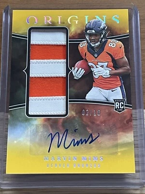 Marvin Mims 2023 Origins Rookie Jumbo Jersey Patch Auto RPA SSP /10 Broncos - Image 1 of 3