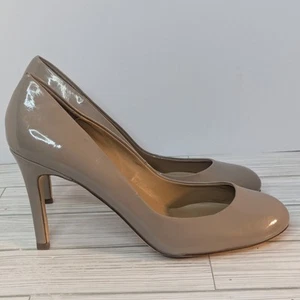 Ann Taylor Taupe Beige Patent Leather High Heels 8 M Classic Pump Career Shoes - Picture 1 of 14