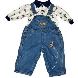 Vintage Miniwear Denim Overalls Shirt Set Embroidered Airplane Baby 6-9 Months - Picture 1 of 5
