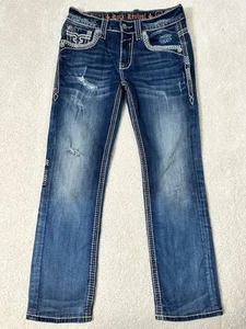 Rock Revival Corvus Straight Jeans Men’s Size 31 Distressed Embroidered - Picture 1 of 15