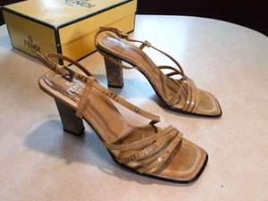 Vtg Fendi Tan Strappy Sexy Lizard Embossed Slingback 3" heels Sandals Bisquit 7 - Picture 1 of 12