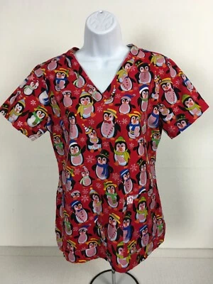 Peaches Womens Scrub Top Size M Red w Penguins Short Sleeves Pockets V neck - Image 1 of 4