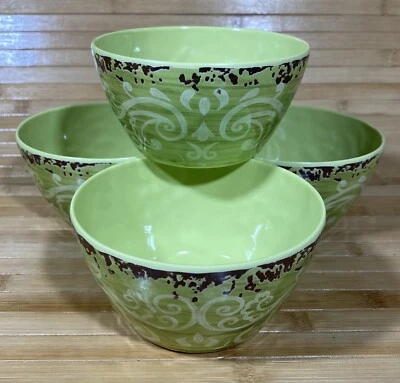 4 CYNTHIA ROWLEY NEW!!! Small Dip BOWLS MELAMINE GREEN Medallion Floral Rustic - Image 1 of 4