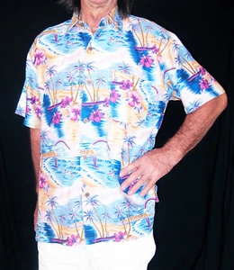 LOUD Hawaiian shirt, blue/mauve/yellow with palms/boats/surfers, XXL, 56", new - Picture 1 of 4