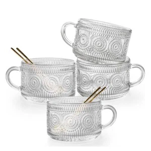 Vintage Glass Coffee Mugs 4 Cups, 4 Spoons, 4 Bamboo Lids Set of 4 14 Ounces - Picture 1 of 5