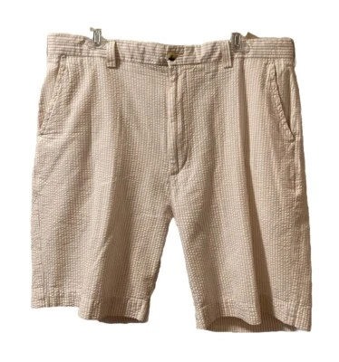 Pantalones Cortos Alan River Talla 38 Blanco Tostado Rayas Seersucker Algodón Preppy Golf Foto 1 de 4