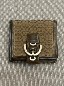 Coach Wallet Buckle Brown Signature Monogram Compact Leather Canvas Snap Lined - Picture 1 of 22