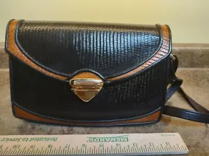 Roche Leather Croc Embossed Signed Crossbody Bag Purse Black Brown 7x10 - Picture 1 of 20