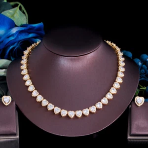 Vergoldete Herz Halskette und Ohrringe Damen Zirkonia Hochzeit Schmuck Set - Bild 1 von 13