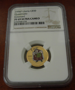 Liberia 1996P Gold 5 gram .9999 fine $50 NGC PF69UC Quasimodo Colorized