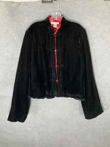 Newport News Asian Mandarin Jacke Damen L schwarz Samt rot Blumenfutter Vintage - Bild 1 von 12