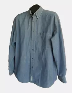 Camicia uomo Eddie Bauer denim L blu colletto abbottonato tasca Hong Kong vintage - Foto 1 di 8